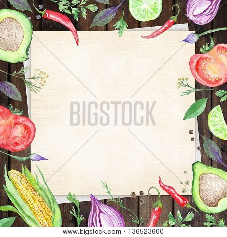 Wood table background with linen paper hand painted Vegetable border frame for kitchen and reataurant design