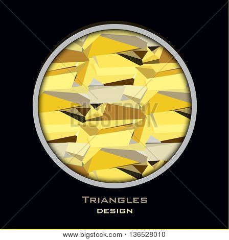 Golden abstract geometric background. Circle frame with gold geometric pattern. Golden crystal geometric abstract triangles pattern on black background. Golden vector illustration stock vector.