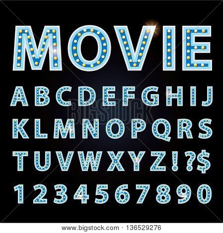 Vector blue neon lamp letters font show cinema or theather