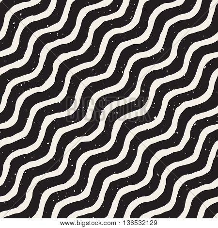 Vector Seamless Black And White Hand Drawn Diagonal Wavy Lines Grunge Pattern. Abstract Freehand Background Design