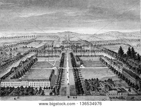 View of the Community of the Moravian brothers, in Zeist, near Utrecht, Netherland, vintage engraved illustration. Magasin Pittoresque 1861.
