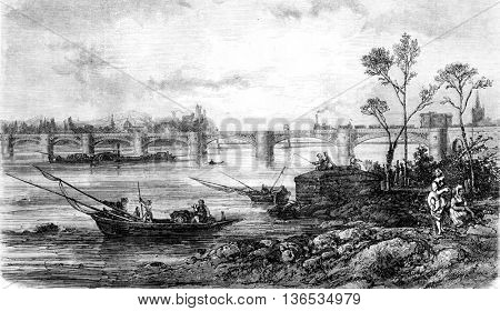 Viaduct over the Rhone between Beaucaire and Tarascon, vintage engraved illustration. Magasin Pittoresque 1861.