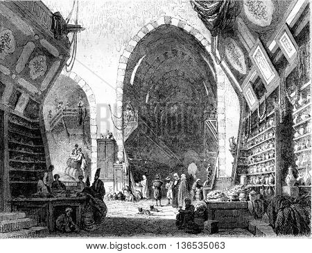 1861 Exhibition of Painting, Misir Charsi drugs bazaar in Constantinople, vintage engraved illustration. Magasin Pittoresque 1861.