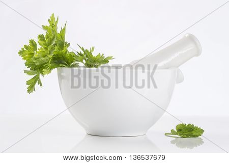 Fresh parsley in mortar for receipe preparation