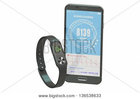 activity tracker or fitness bracelet with smartphone 3D rendering isolated on white background