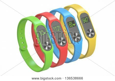 set of activity trackers or fitness bracelets 3D rendering isolated on white background