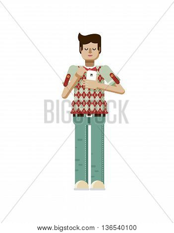 Stock vector illustration isolated of European man with dark hair, man with smartphone in hand, man looking into screen of phone, man in polo shirt with diamond pattern, flat style on white background