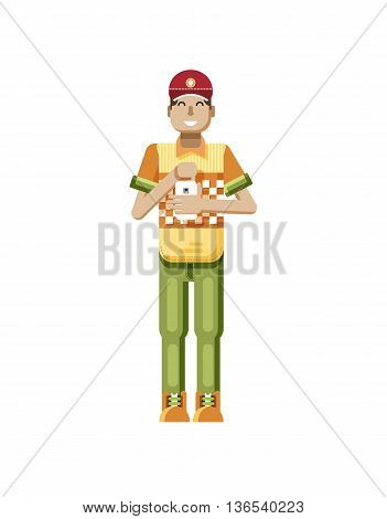 Stock vector illustration isolated of European man with dark hair, huge smile in red cap, man with smartphone in hand, man looking into screen of phone, T-shirt in flat style on white background