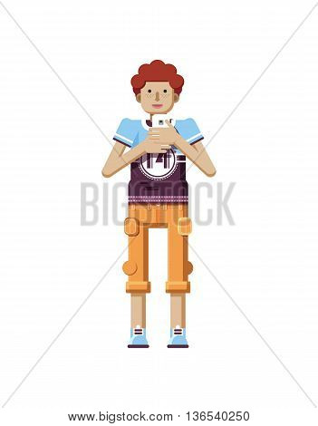 Stock vector illustration isolated of European redhead man with freckles in short orange pants, man with smartphone in hand, man looking into screen of phone, T-shirt in flat style on white background