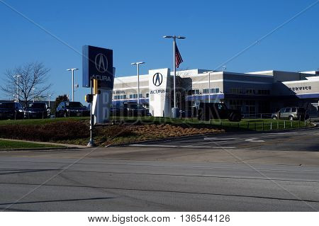 NAPERVILLE, ILLINOIS / UNITED STATES - NOVEMBER 3, 2015: One may purchase an Acura luxury vehicle at Continental Acura in Naperville.