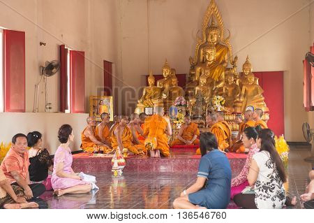 Huahin-thailand-30Apr ,2016 : Newly Ordained Buddhist Monk Pray With Priest Procession. Newly Ordain