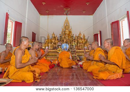 Huahin-thailand-30Apr ,2016 : Newly Ordained Buddhist Monk Pray With Priest Procession. Newly Ordain