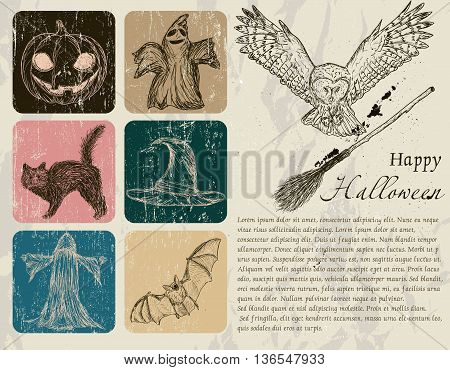 Vintage Halloween poster with pumpkin, owl, bat etc. Vector illustration EPS8