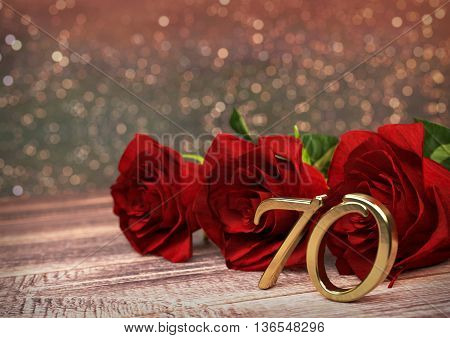 birthday concept with red roses on wooden desk. 3D render - seventieth birthday. 70th