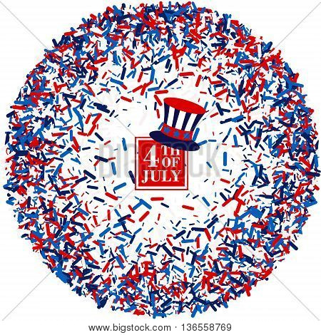 4th of July festive greeting card with top hat in wreath of scatter sawdust in traditional American colors - red, white, blue. Isolated.