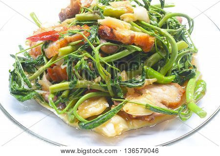 close up fried Water Minosa with crispy pork