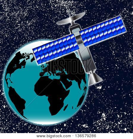 A Satellite Over Earth set against a star filled backgrounf