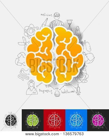 hand drawn simple elements with brain paper sticker shadow