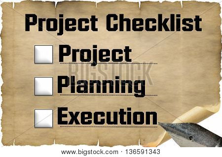 Checklist old document paper with antique fountain pen and inscription in English 