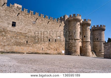 Towers and battlements of the Order of the Knights Castle in Rhodes Greece