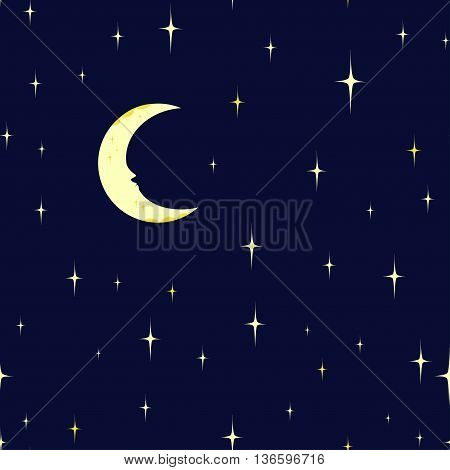 Seamless pattern starry night sky and moon. Vector background.