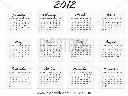 Calendario 2012 en inglés; Semana comienza con el domingo
