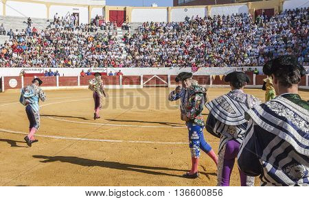 Andujar SPAIN - September 12 2008: Spanish bullfighters at the paseillo or initial parade in Villacarrillo Jaen province Spain