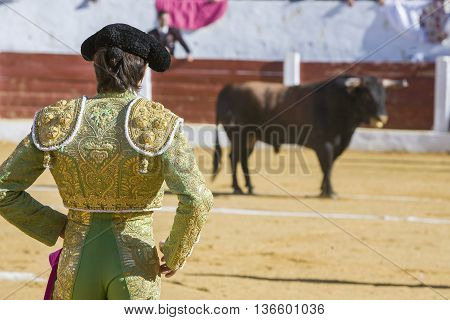 Andujar Spain - September 12 2008: The Spanish Bullfighter Sebastian Castella bullfighting with the crutch in the Bullring of Villacarrillo Spain