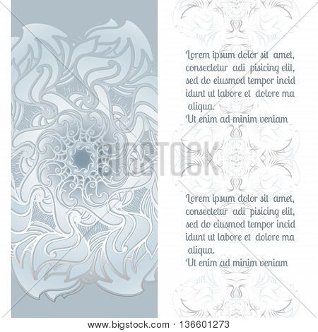Hand drawn vector ornamental mandala with place for your text. Template for invitation or greeting card. White and grey oriental ornament. Circle background.