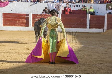 Andujar Spain - September 12 2008: The Spanish Bullfighter Sebastian Castella bullfighting with the crutch in the Bullring of Villacarrillo Spain