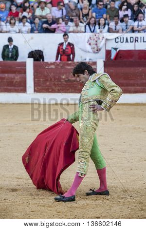 Andujar Spain - September 12 2008: The Spanish Bullfighter Sebastian Castella bullfighting with the crutch in the Bullring of Villacarrillo Spain