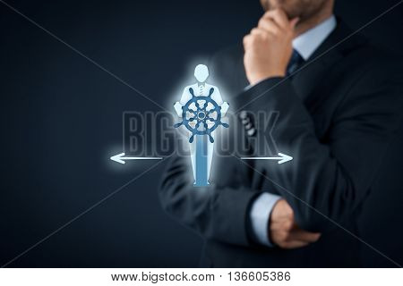 Decision making (managerial concept) - select the best business way (opportunity strategy) symbolized by captain with helm.