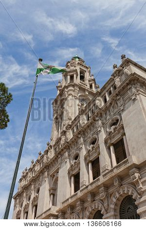 PORTO PORTUGAL - MAY 26 2016: Municipality building (City Hall early 20th c.) at Aliados Avenue in the center of Porto Portugal (UNESCO site). Architects Antonio Correia da Silva and Carlos Ramos