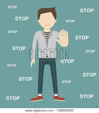 The man gestures a stop sign. Vector illustration flat design