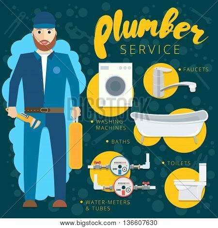 Plumbing repair tools in flat style. Vector plumber service banner concept design