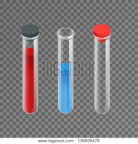 Chemical test tube pictogram icons set. Erlenmeyer flask, distilling flask, volumetric flask, test tube. Chemical lab equipment isolated. Experiment flasks for science experiment. Isometric 3d vector.