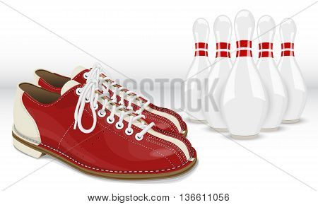 Red-White Skittles and Bowling shoes on a white background