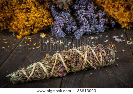 A Bunch Of Dried Herb That Usually Is Used In Different Ritual, Magic And Cleaning, lavender, nard marsh, lavender, Hypericum grass, lemongrass, sage