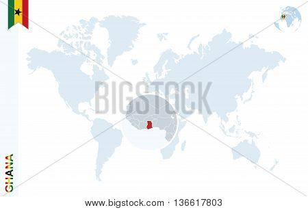 Blue World Map With Magnifying On Ghana.