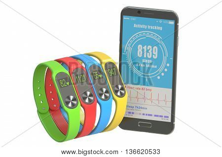 activity trackers or fitness bracelets with smartphone 3D rendering isolated on white background