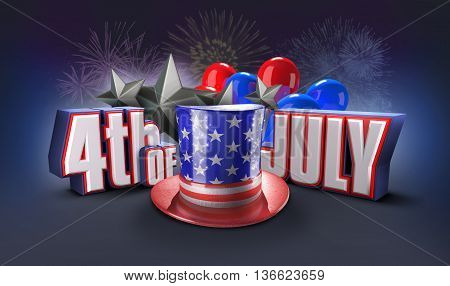 independence day United States 3d illustration. Fourth of july 3D rendering. USA hat and 4 of July title