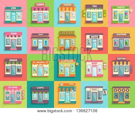 Different stores and shops icons set flat design style. Zoo, toys, baby, minimarket and guitar stall. Vector eps 10 format.