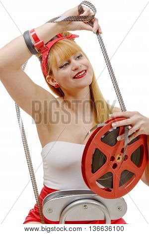 pretty girl smiling on retro style looks a 16mm film on white background