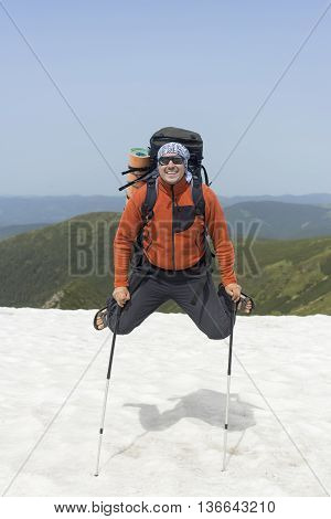 Hiking in the mountains in the summer on a sunny day.
