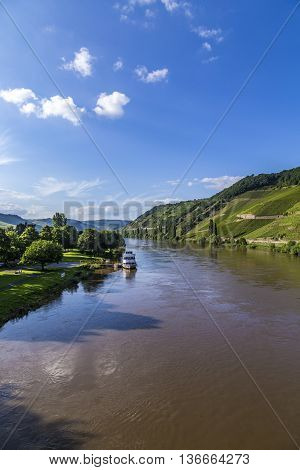 Famous Moselle Landscape With Ferry In Trittenheim