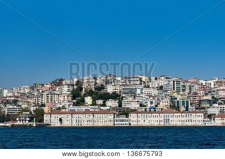 Cityscape with clear blue sky on the background. Modern buildings of Istanbul waterfront suburbs with Molla Celebi Cami mosque. Urban skyline landscape with copy space