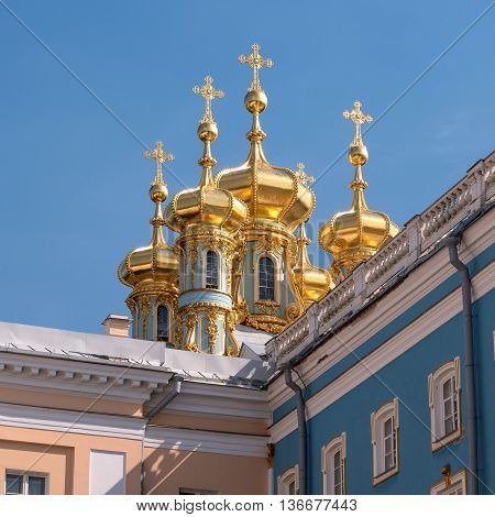 Saint-Petersburg, Russia - June 26, 2016: Golden domes of the Church in the Catherine Palace. Tsarskoye Selo. Church in Baroque style arranged in the north wing of the Catherine Palace.
