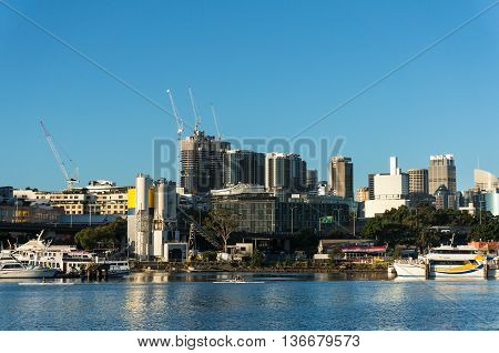 Sydney Australia - Apr 25 2016:Sydney cityscape with Barangaroo office skyscrapers on the background. City view of Barangaroo district and CBD. Commercial and residential buildings