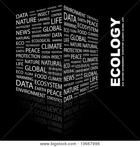 ECOLOGY. Word collage on black background. Illustration with different association terms.
