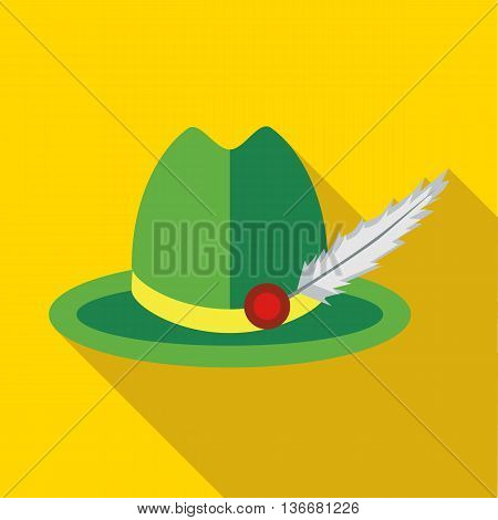 Green hat with a feather icon in flat style on a yellow background
